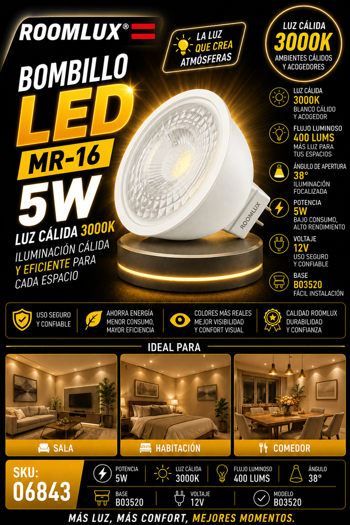 Bombillo 5W 3000K MR-16 B03520 12V 38º 400 lums ROOMLUX