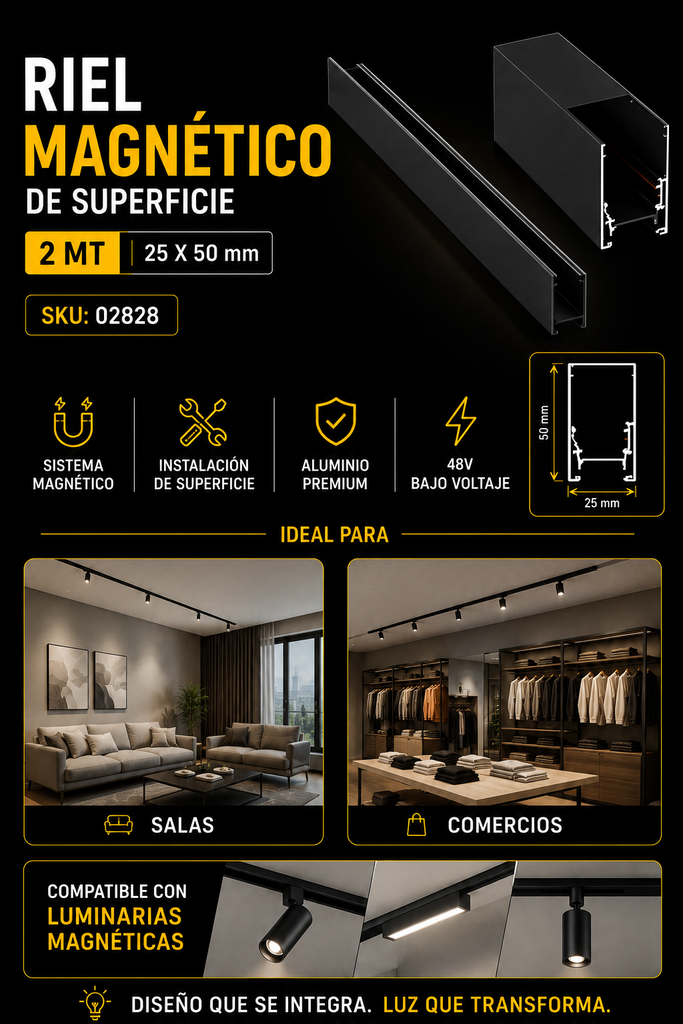 Riel Magnético de Superficie 2 MT X 25 X 50 Negro