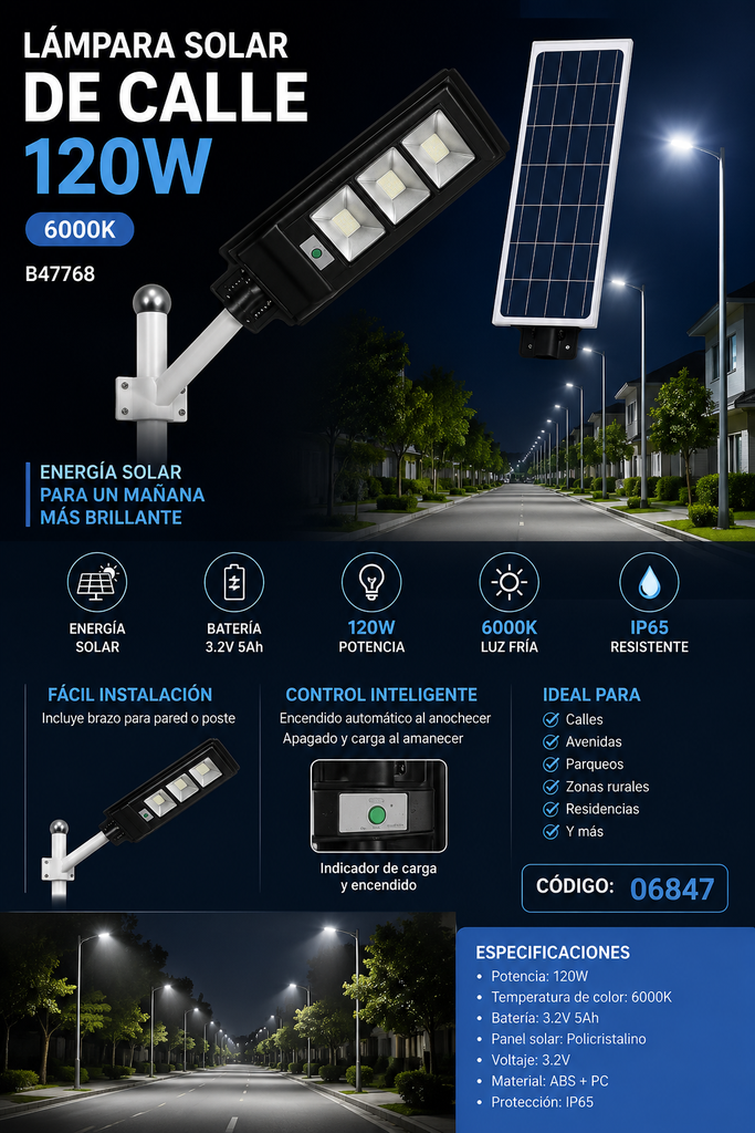 Lampara Solar de Calle 120W 6000K B47768 con Batería y Brazo 3.2V 5 Ah ROOMLUX