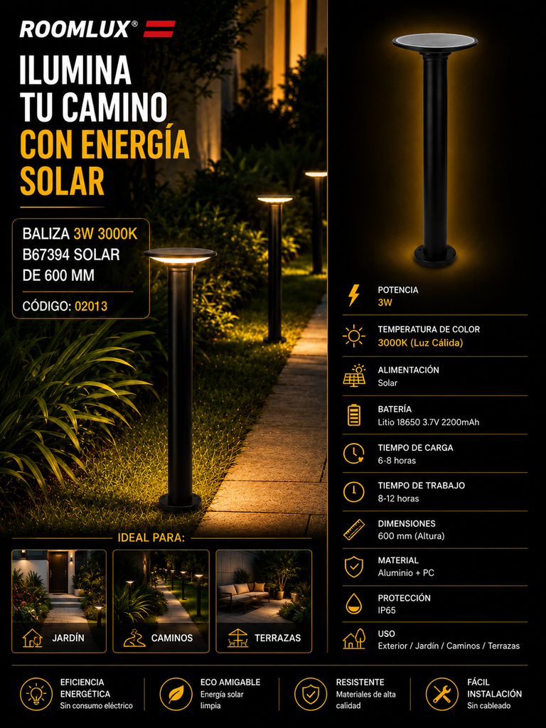 Baliza 3W 3000K B67394 Solar de 600 MM ROOMLUX