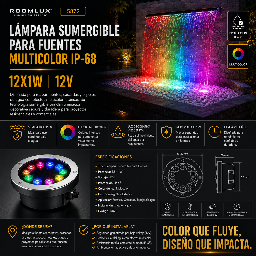 Lampara para fuentes  MULTICOLOR IP-68 12X1W 12V