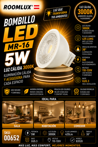 [00652] Bombillo 5W 3000k MR-16 GU5.3 110-130V 425Lm 38° B3520- ROOMLUX