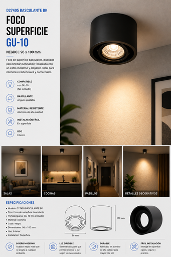 [06746] Foco Superficie GU-10 D27405 Basculante BK Negro 96X100 POLY ROOMLUX