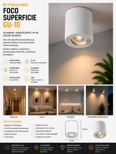 [06662] Foco Superficie GU-10 BY-T1025 Blanco 94*125 mm Aluminio Basculante IP-44