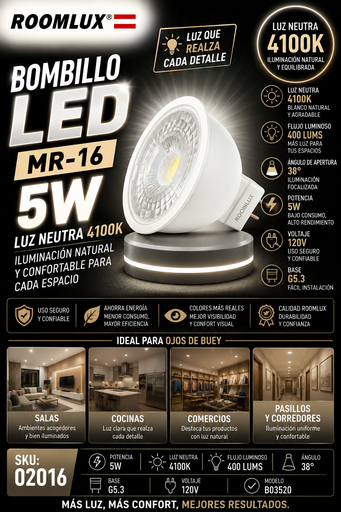[02016] Bombillo 5W 4100k MR-16 B03520 120V 38º 400 lums ROOMLUX