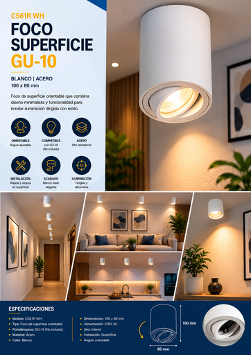 [02071] Foco Superficie GU-10 CS61R WH Acero Blanca 100*80 mm EVOLIGHT