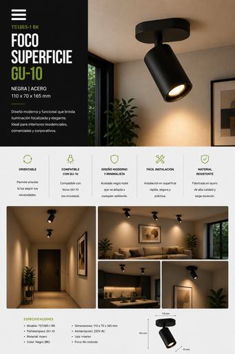 [01990] Foco Superficie GU-10 TS138S-1 BK Negro Acero 110*70*165 mm