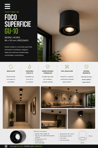 [02134] Foco Superficie GU-10 TS201-1 Basculante BK Negro Acero 90 x110 mm recesado