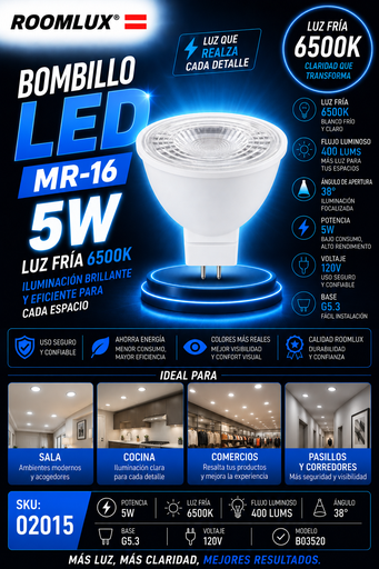 [02015] Bombillo 5w 6500K MR-16 B03520 120V 38º 400 lums G5.3 ROOMLUX
