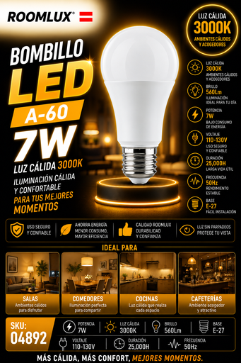 [04892] Bombillo 7w 3000k A-60 110-130V 560Lm 25000H 50Hz B15580- ROOMLUX