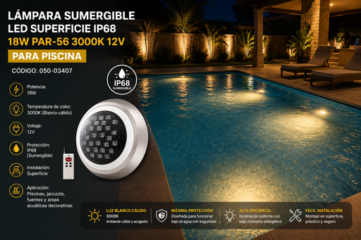 [050-03407] Lampara Sumergible LED Superficie IP68 18W PAR-56 3000K 12V P/Piscina