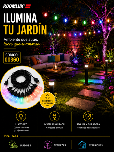[00360] Guirnalda LED 10MTS 1W Multicolor 100-130V IP-65 LX C/20 Bombillos B90155 de Colores