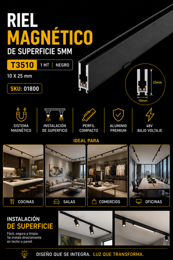 [01800] Riel Magnético de Superficie 5 mm T3510 1 MT X 10 X 25 Negro