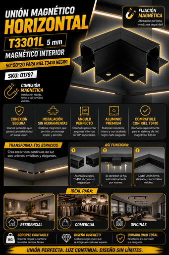 [01797] Unión Magnético Horizontal T3301L 5MM Magnético Interior 50*50*20 para Riel T3410 Negro