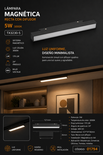 [01794] Lampara Magnética 5w 3000K 5mm TX3230-5 Recto con Difusor 121*14*36 170 LM