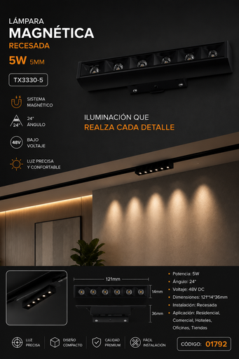 [01792] Lampara Magnética 5W 5mm TX3330-5 121*14*36mm 24° 48v Recesada
