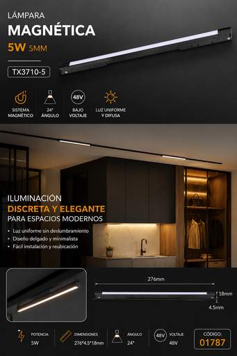 [01787] Lampara Magnética 5W 5mm TX3710-5 276*4.5*18mm 24° 48v Difusor