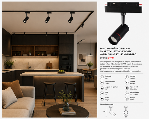 [01937] Foco Magnético Riel 8W SMART TX1160Z-8 36º DC48V 408lm CRI-90 50*150 mm Negro