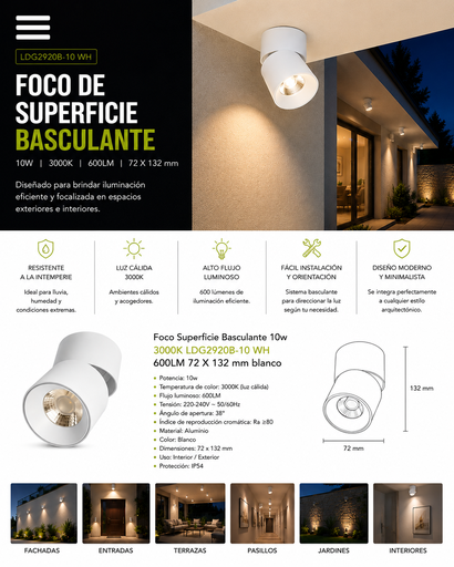 [00846] Foco Superficie Basculante 10w 3000K LDG2920B-10 WH 600LM 72 X 132 mm blanco