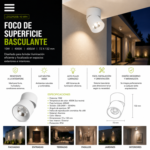 [00849] Foco Superficie Basculante 10W 4000K LDG2920B-10 WH 600LM 72 X 132 mm EVOLIGHT BLANCO
