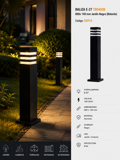 [02014] Baliza E-27 TB0460B 600x 140 mm Jardín Negra (Bolardo)
