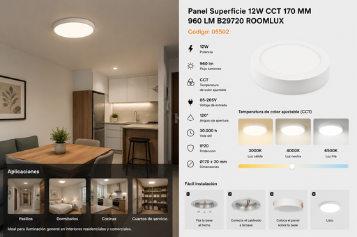 [05502] Panel Superficie 12W CCT 170 MM 960 LM B29720 ROOMLUX
