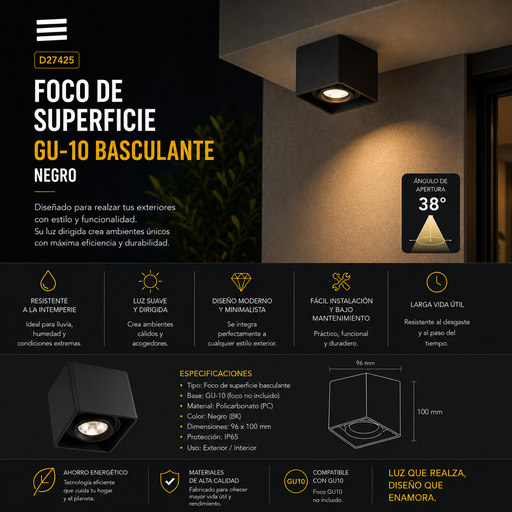 [06679] Foco Superficie GU-10 D27425 Basculante, BK negro 96X100 PC ROOMLUX