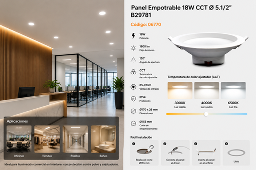 [06770] Panel Empotrable 18W CCT Ø 5.1/2" B29781 1800LM IP-54 COMERCIAL ROOMLUX (170x26mm)