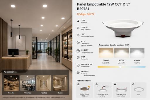 [06772] Panel Empotrable 12W CCT Ø 5" B29781 1200lm IP-54 COMERCIAL ROOMLUX (145x26mm)