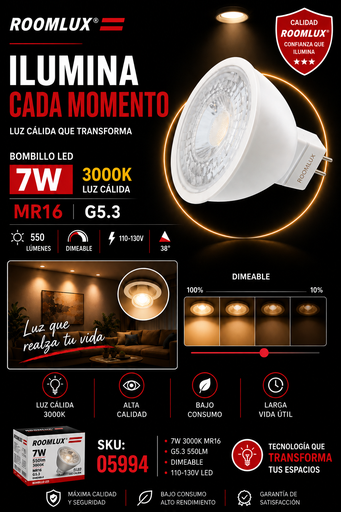 [05994] Bombillo 7W 3000k MR16 B03520 G5.3 550LM DIMEABLE 110-130V LED ROOMLUX