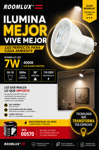 [00570] Bombillo 7W 4000k GU-10 B5585 560lm 38º 110-265V ROOMLUX