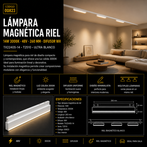 [00823] Lampara magnética riel 14W 3000K TX2240S-14 48v 260mm difusor  WH  T2510 UNTRA BLANCO
