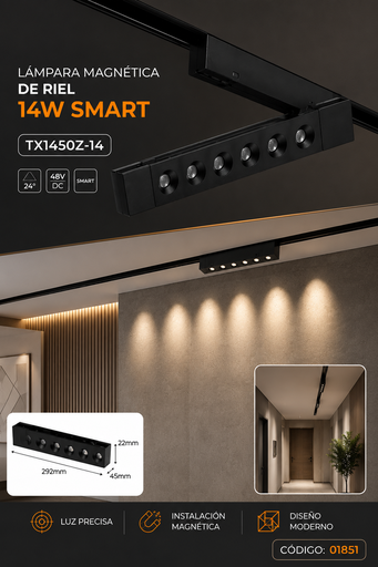 [01851] Lampara Magnética de Riel 14W SMART TX1450Z-14 292mm 24° 48v Recesada