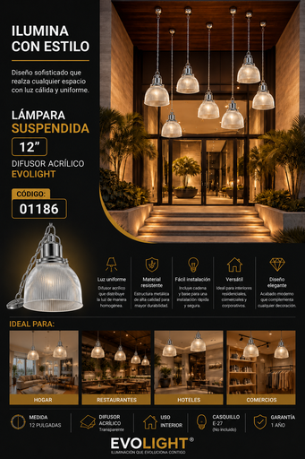 [01186] Lampara Suspendida 12" Difusor Acrílico EVOLIGHT