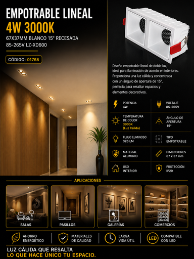 [01768] Empotrable Lineal DOTS 4w 3000k 67X37mm Blanco 15° Recesada 85-265V LZ-XD600