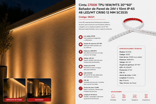 [06321] Cinta 2700K TPU 16W/MTS 30º*60º Bañador de Pared de 24V t 10MT IP-65 48 LED/MT CRI90 12MM SC3535