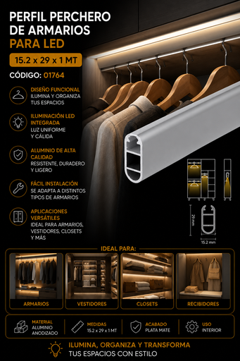 [01764] Perfil Perchero de Armarios para LED de 15.2 x 29 x 1 MT DS-W630