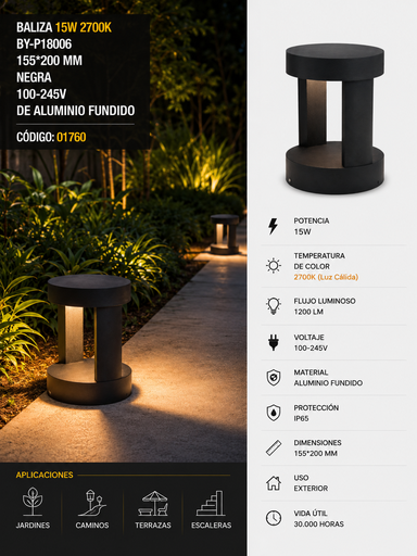 [01760] Baliza 15W 2700K BY-P18006 155*200 Negra 100-245v de Aluminio Fundido