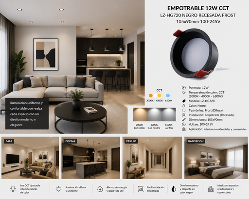 [01304] Empotrable 12W CCT LZ-HG720 Negro Recesada Frost 105x90mm 100-245v