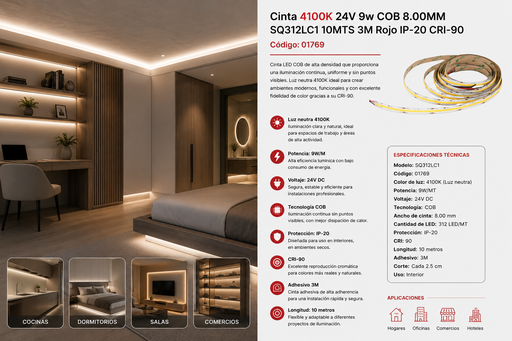 [01769] Cinta 4100K 24V 9w COB 8.00MM SQ312LC1 10MTS 3M Rojo IP-20 CRI-90