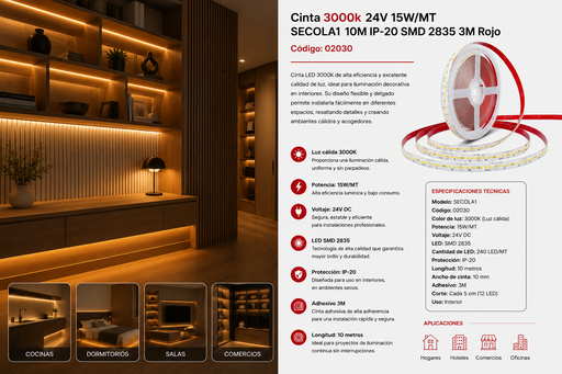 [02030] Cinta 3000k 24V 15W/MT SECOLA1 10M IP-20 SMD 2835 3M Rojo