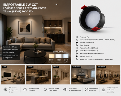 [01311] Empotrable 7W CCT LZ-HG720 Negra Recesada Frost 75 mm (84*47) 100-245v