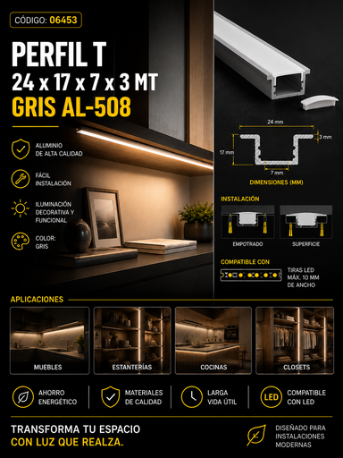 [06453] Perfil T 24 x 17 x 7 x 3 MT Gris AL-508