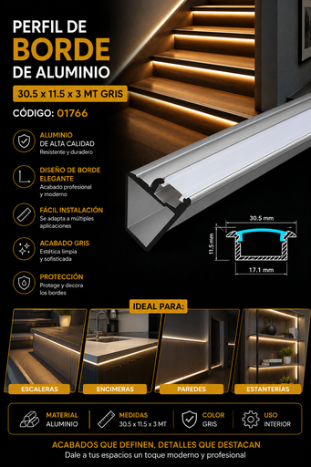 [01766] Perfil 30.5 x 11.5 x 3 MT Gris de Borde de Aluminio