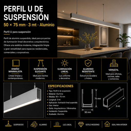 [01759] Perfil U 50*75 x 3 MT Aluminio de Suspensión