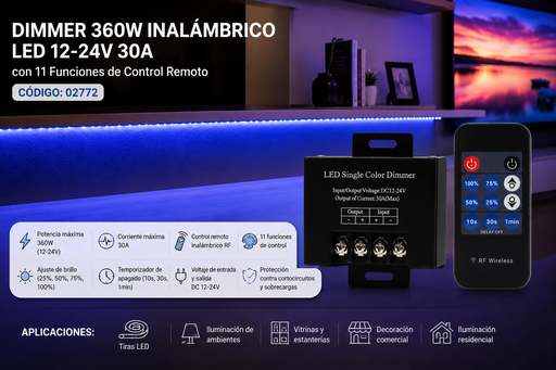[02772] Dimmer 360w Inalámbrico LED 12-24V 30A con 11 Funciones de Control Remoto
