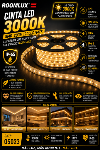 [05023] Cinta 3000K 110v SMD 2835 120LED/MTS IP-65 ROOMLUX B22301
