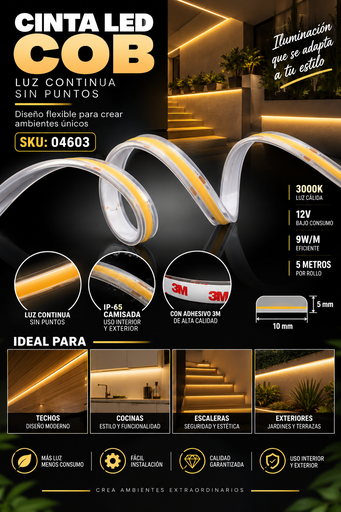 [04603] Cinta 3000K 12V 9w COB SQ312LC1 5mts 3M Rojo IP-65 Camisada