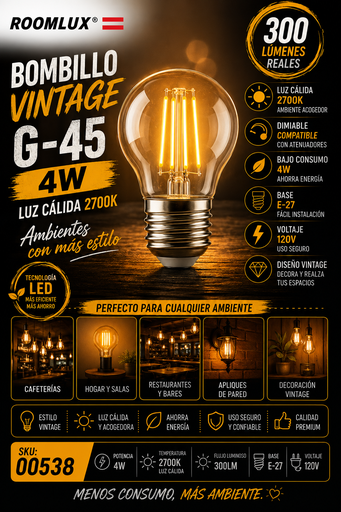 [00538] Bombillo 4W 2700k E-27 B70104 Vintage G-45 3000K 120V Dimiable ROOMLUX