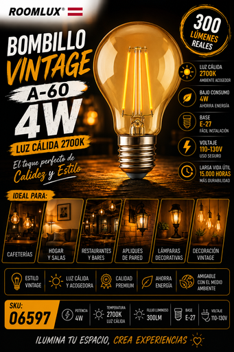 [06597] Bombillo 4w 2700k E-27 B70159 Vintage A-60 Ámbar 110-130V ROOMLUX